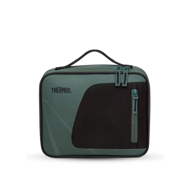 Thermos Radiance 4L insulated lunch bag in green and black, with a carry handle, double-zip closure and zippered front pocket.