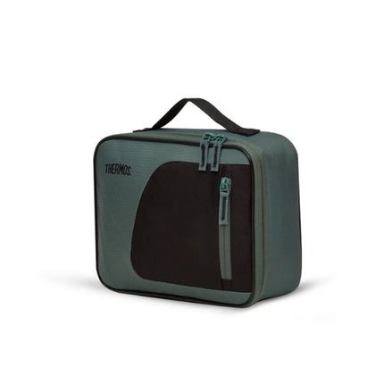 Thermos Radiance 4L green and black insulated lunch bag shown at an angle, with carry handle and zippered front pocket.