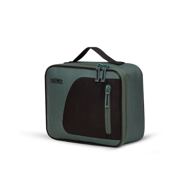 Thermos Radiance 4L green and black insulated lunch bag shown at an angle, with carry handle and zippered front pocket.