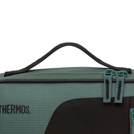 Close-up of the Thermos Radiance 4L green lunch bag’s black carry handle and matching green double-zip closure.
