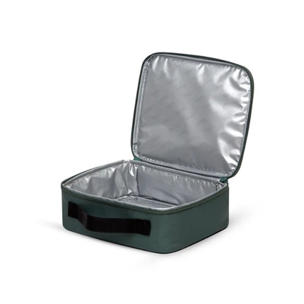 Open Thermos Radiance 4L green insulated lunch bag showing its spacious silver thermal lining and black carry handle.