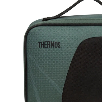 Close-up of the Thermos logo on the textured green front of the Radiance 4L insulated lunch bag with black trim.