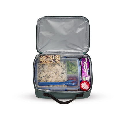 Open Thermos Radiance 4L green insulated lunch bag viewed from above, packed with food containers, packaged snacks and a red apple.