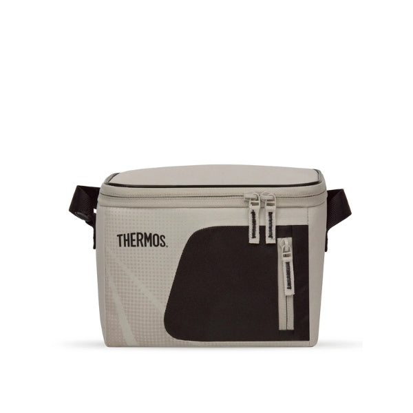 Thermos Sandstone Radiance 4.5L insulated cooler bag in beige and black, with a double-zip lid and zippered front pocket.