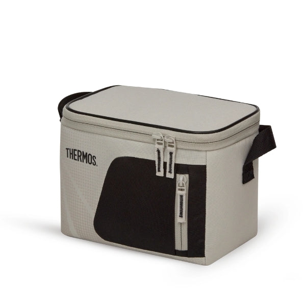 Thermos Sandstone Radiance 4.5L beige-and-black insulated cooler bag shown at an angle with a double-zip lid and front pocket.