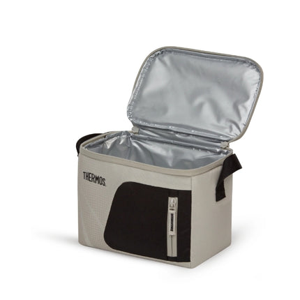 Open Thermos Sandstone Radiance 4.5L cooler bag showing its silver insulated lining and beige-and-black exterior.