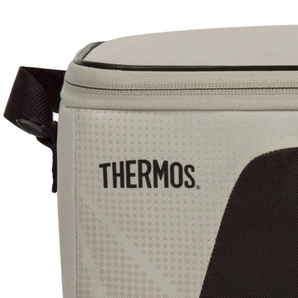 Close-up of the Thermos logo on the textured beige front of the Sandstone Radiance 4.5L insulated cooler bag.