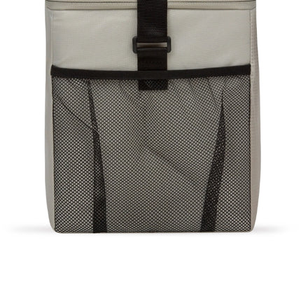 Side view of the Thermos Sandstone Radiance 17L family cool bag showing its large black mesh storage pocket and adjustable strap.