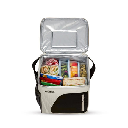 Open Thermos Sandstone Radiance 17L insulated family cool bag packed with wraps, sandwiches, salad, fruit and assorted snacks.