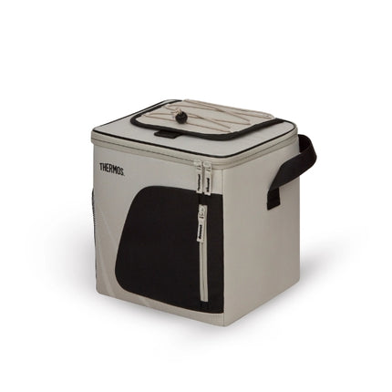 Thermos Sandstone Radiance 17L insulated family cool bag shown at an angle with a zippered lid and elastic top storage cords.