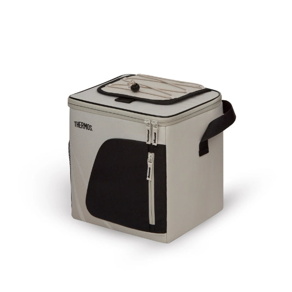 Thermos Sandstone Radiance 17L insulated family cool bag shown at an angle with a zippered lid and elastic top storage cords.