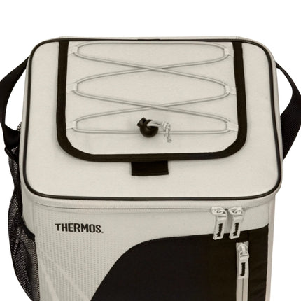 Close-up of the Thermos Sandstone Radiance 17L cool bag’s lid with adjustable elastic storage cords and toggle fastening.