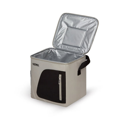 Open Thermos Sandstone Radiance 17L family cool bag showing its spacious silver insulated lining and black carry handles.