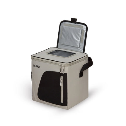 Thermos Sandstone Radiance 17L cool bag with its insulated quick-access top flap open above the main compartment.