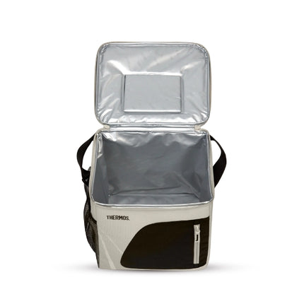 Front view of the open Thermos Sandstone Radiance 17L family cool bag showing its deep silver thermal lining.