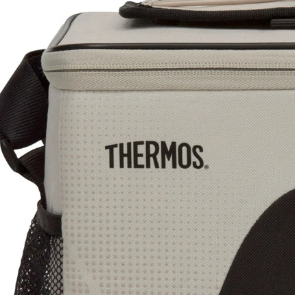 Close-up of the Thermos logo on the textured beige front of the Sandstone Radiance 17L cool bag beside its mesh pocket.