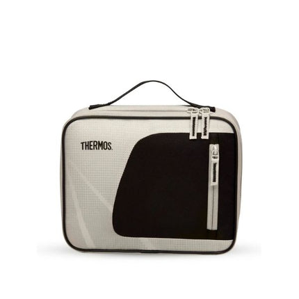Thermos Sandstone Radiance 4L insulated lunch bag in beige and black, with a carry handle and zippered front pocket.