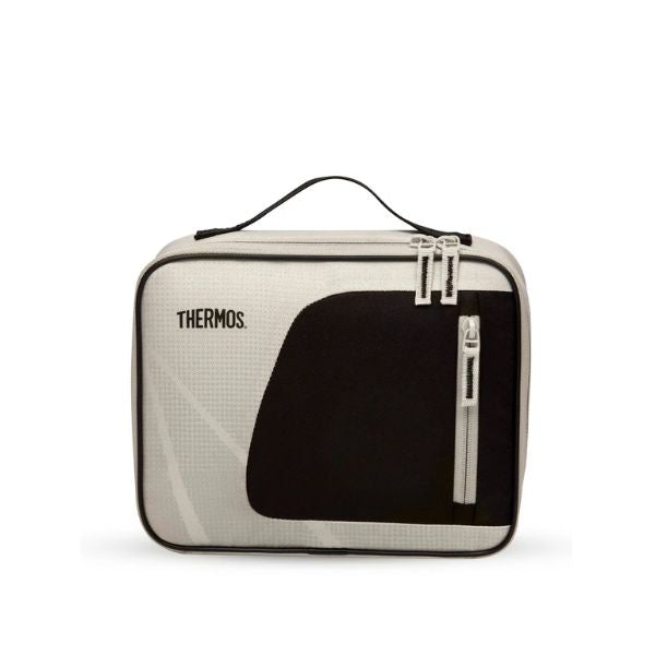 Thermos Sandstone Radiance 4L insulated lunch bag in beige and black, with a carry handle and zippered front pocket.