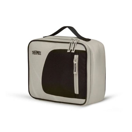 Thermos Sandstone Radiance 4L insulated lunch bag in beige and black, shown at an angle with carry handle and zippered front pocket.