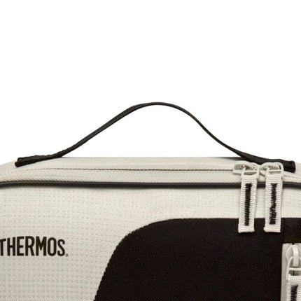Close-up of the Thermos Sandstone Radiance 4L lunch bag’s black carry handle and cream double-zip closure.