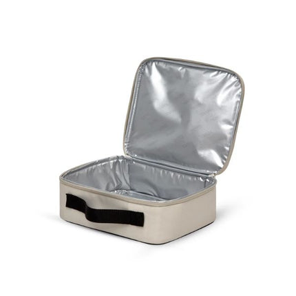 Open Thermos Sandstone Radiance 4L insulated lunch bag showing its spacious silver thermal lining, beige exterior and black carry handle.