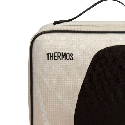 Close-up of the Thermos logo on the textured beige front of the Sandstone Radiance 4L insulated lunch bag with black trim.