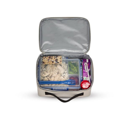 Open Thermos Sandstone Radiance 4L insulated lunch bag viewed from above, packed with food containers, packaged snacks, juice box and a red apple.