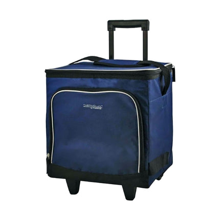 Thermos ThermoCafe 28L blue wheeled cool bag with front zip pocket, two wheels and partially extended telescopic handle.