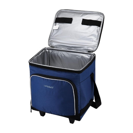 Open Thermos ThermoCafe 28L blue wheeled cool bag showing its spacious silver insulated interior and front storage pocket.