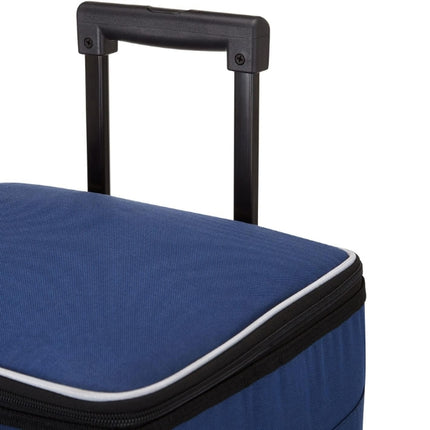 Close-up of the Thermos ThermoCafe 28L cool bag’s telescopic pull handle and blue zippered lid with white piping.
