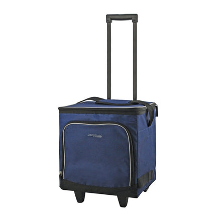Thermos ThermoCafe 52-can 28L blue wheeled cool bag with its telescopic pull handle fully extended.