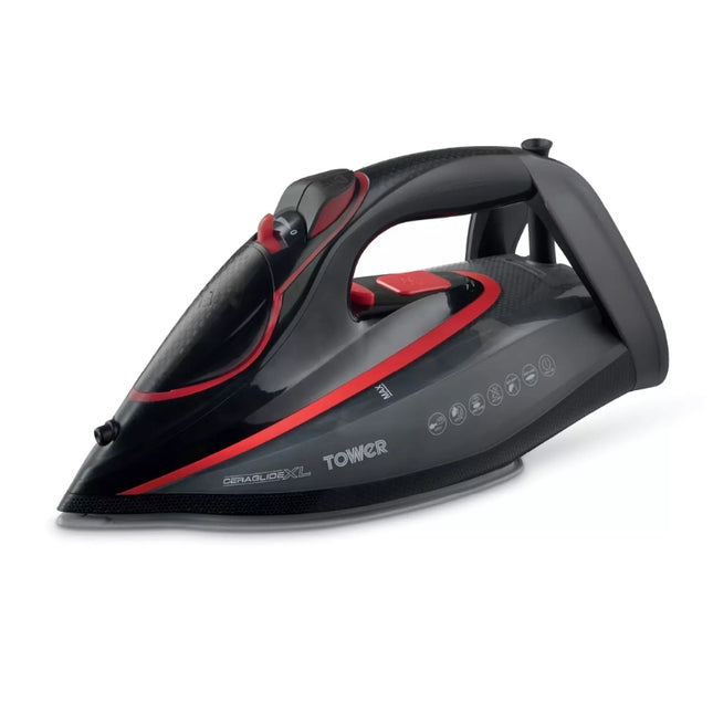 Tower T22034RED 3100W steam iron in black and grey with red accents, an ergonomic handle and XL ceramic soleplate.