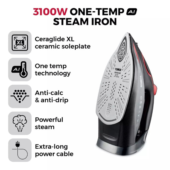 Tower steam iron feature graphic highlighting 3100W power, one-temperature technology, XL ceramic soleplate, anti-calc, anti-drip and extra-long cable.