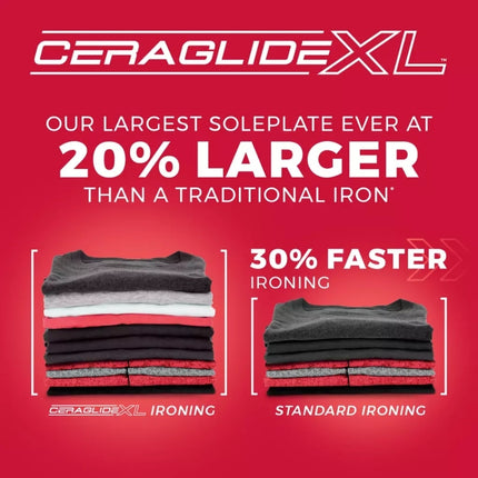 Tower CeraGlide XL infographic stating the soleplate is 20% larger than a traditional iron for 30% faster ironing.