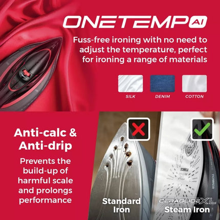Tower One Temp AI graphic showing use on silk, denim and cotton, plus anti-calc and anti-drip protection.