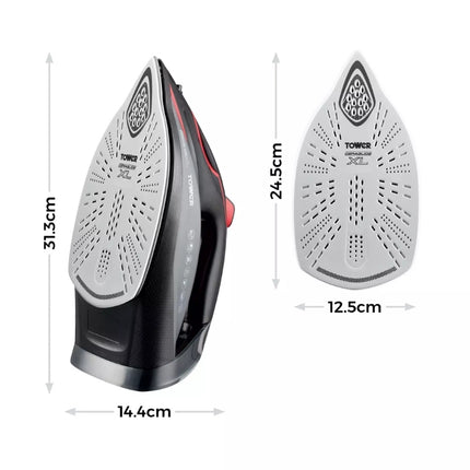 Tower steam iron dimensions graphic showing a 31.3cm height, 14.4cm width and a 24.5cm by 12.5cm soleplate.