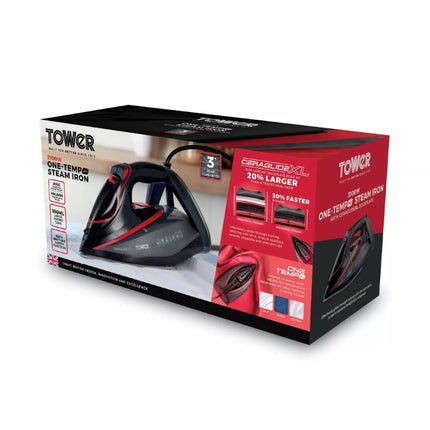 Tower T22034RED 3100W one-temperature steam iron displayed in its red, black and white retail box.