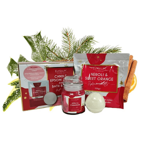 Elysium SPA Christmas Candle, Bath Bomb and Epsom Salts Gift and Body Pamper Set at Napev GH