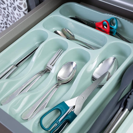 Wham Casa sage-green cutlery tray inside a kitchen drawer, organising knives, forks, spoons and scissors.