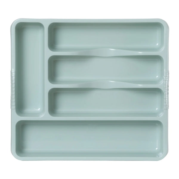 Top view of the Wham Casa small sage-green cutlery tray with five compartments for organising kitchen utensils.