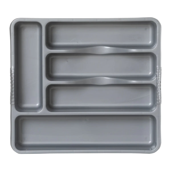 Top view of the Wham Casa small silver cutlery tray showing its five organiser compartments.