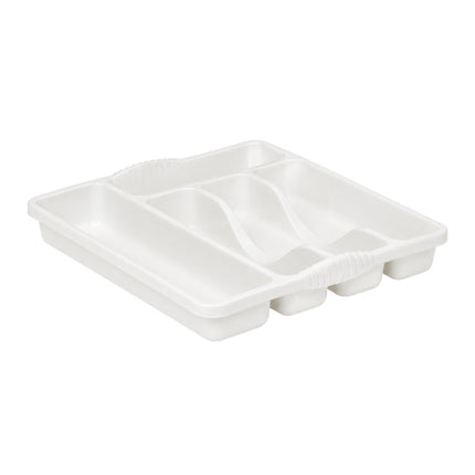 Wham Casa small white cutlery tray shown at an angle with five moulded utensil compartments.