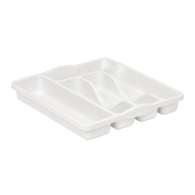 Wham Casa small white cutlery tray shown at an angle with five moulded utensil compartments.
