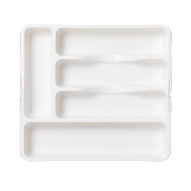Top view of the Wham Casa small white cutlery tray showing its five organiser compartments.