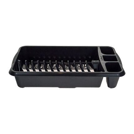 Front view of the Wham Casa Midnight medium dish drainer with raised plate slots and three utensil compartments.