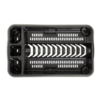 Top view of the Wham Casa Midnight medium dish drainer showing plate slots, drainage holes and divided cutlery storage.
