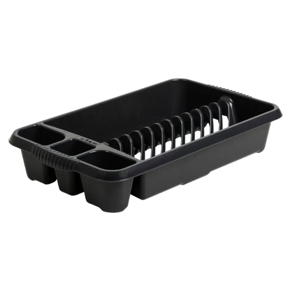Wham Casa medium dish drainer in Midnight black, shown at an angle with plate slots and three utensil compartments.