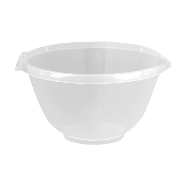 Wham Cuisine 4L clear plastic mixing bowl with a pouring spout, side grip, wide rim and raised base.