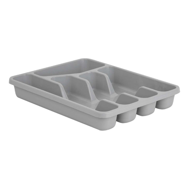 Wham Everyday cutlery tray in cool grey, shown at an angle with multiple moulded compartments for organising utensils.