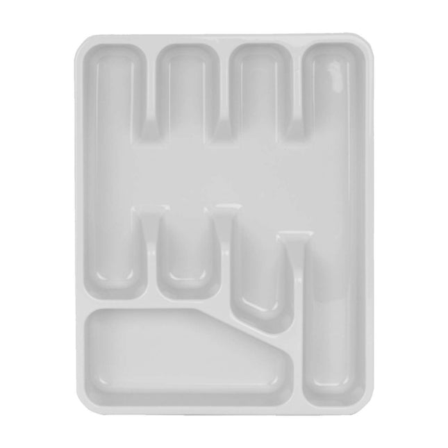 Top view of the Wham Everyday cool-grey cutlery tray showing separate sections for cutlery and larger kitchen utensils.